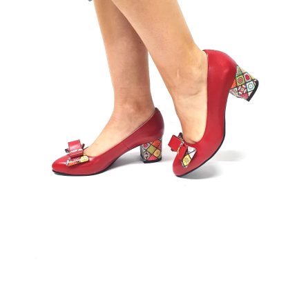 Pantofi dama din piele naturala - Rosu Box cu Patratele 3D - A12 RBP3D