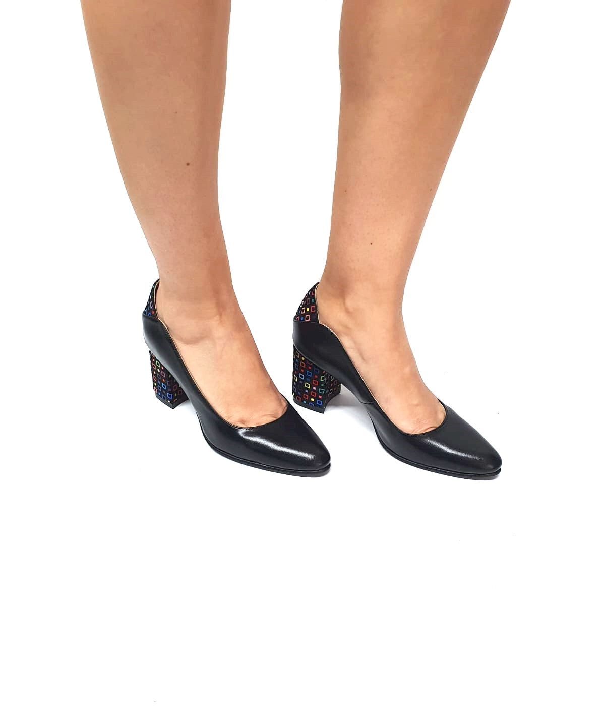 Pantofi dama din piele naturala - Negru Box cu Patratele Colorate - R9 NBPC Pantofi dama din piele naturala - Negru Box cu Patratele Colorate - R9 NBPC