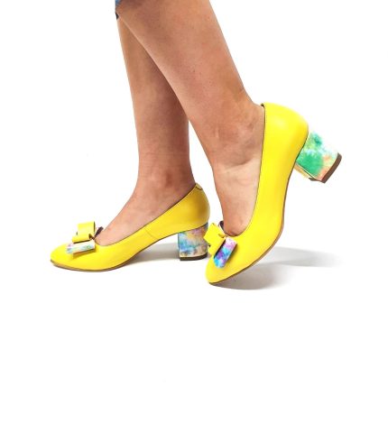 Pantofi dama din piele naturala - Galben + Fulger- A12 GF