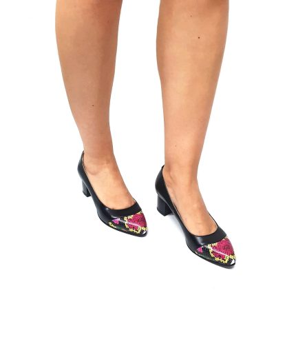 Pantofi dama din piele naturala - Negru Box cu Croco Rosu - A3 NBCR