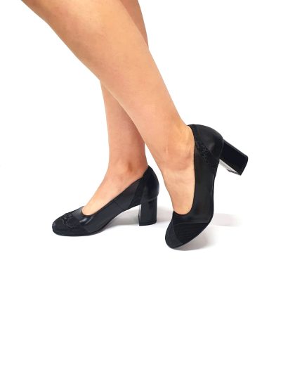 Pantofi dama din piele naturala - Negru Box cu Antilopa si Sarpe Negru - C33 NBASN