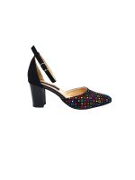 Sandale dama din piele naturala Negru antilopa cu patratele colorate - D14 NAPC