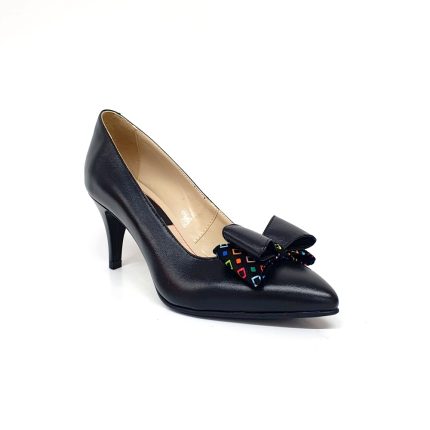 Pantofi dama din piele naturala - Negru cu Funda Patratele Colorate - A20 NFPC