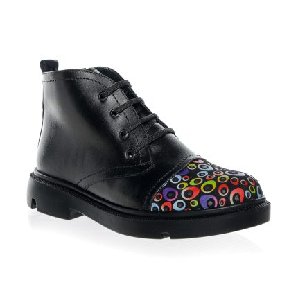 Ghete dama din piele naturala -NEGRU BOX CU CERCULETE COLORATE -BC17 NBCC